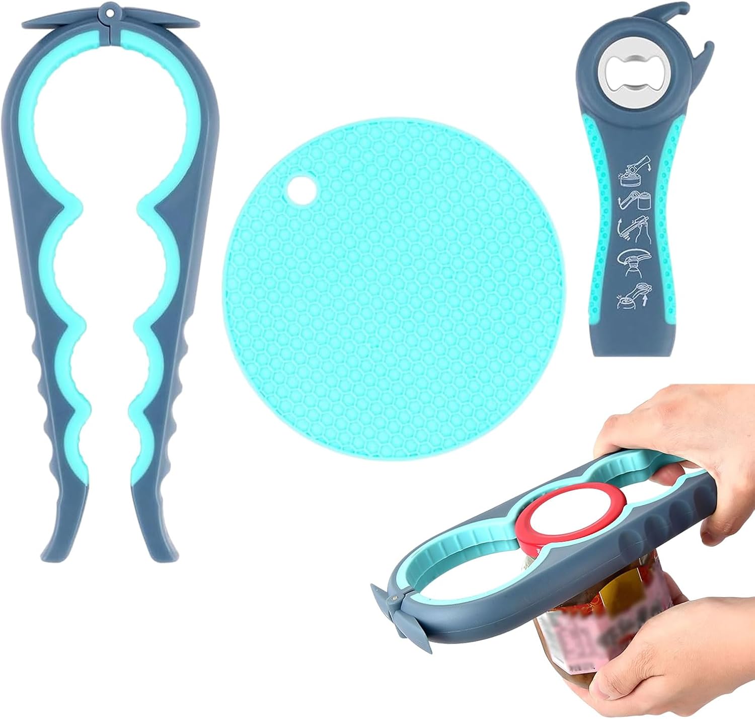 Beylos 3Pcs 5 in 1 Jar Opener,Multifunctional Bottle Openers for