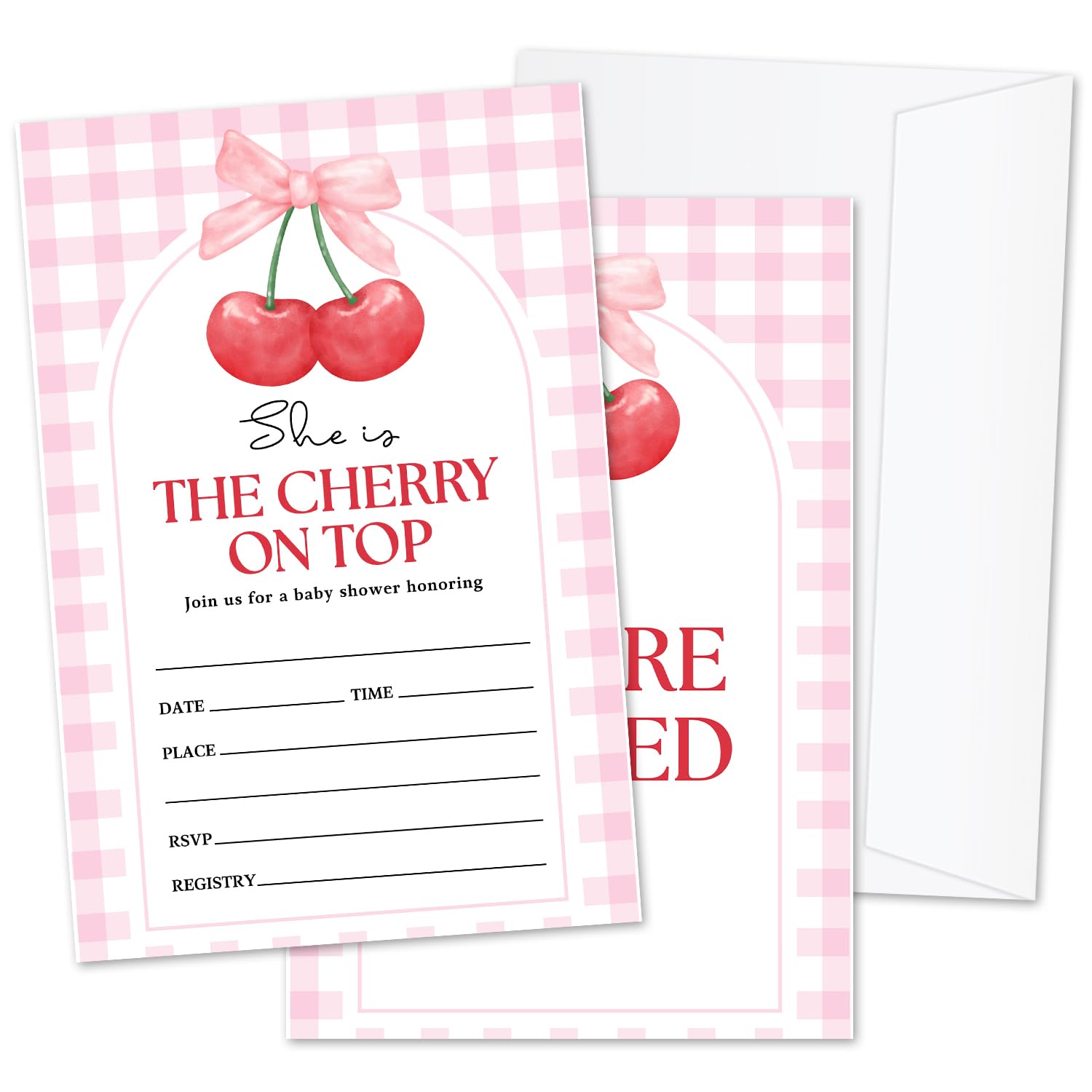 ZSHFMY Cherry Baby Shower Invitations, Gender Reveal Party Invites for Girls, 25 Sets Invitation Cards with Envelopes, Baby Announcement Party
