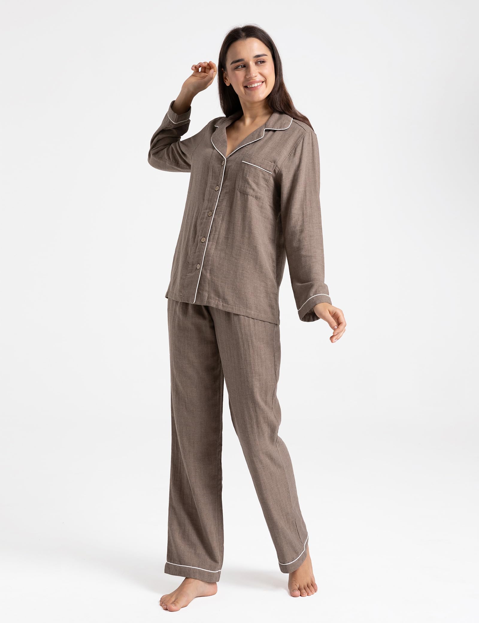Conjunto de pijama para mujer, 100 % gasa doble, algodón y lino, de muselina, de manga larga, con botones, ropa de dormir suave | Conjunto de pijama transpirable suave y cómodo con botones
