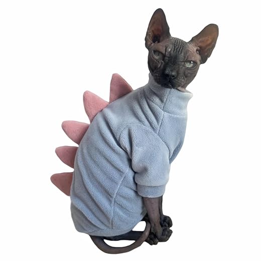 Dinosaur Sphynx Cat Clothes, Soft Polar Fleece Sweater for Cat, Elastic Pet Clothes Thick Winter Warm Outfit for Hairless Cat, Devon, Cornish, Small Dogs Apparel with Sleeves (Sky Blue, Large)