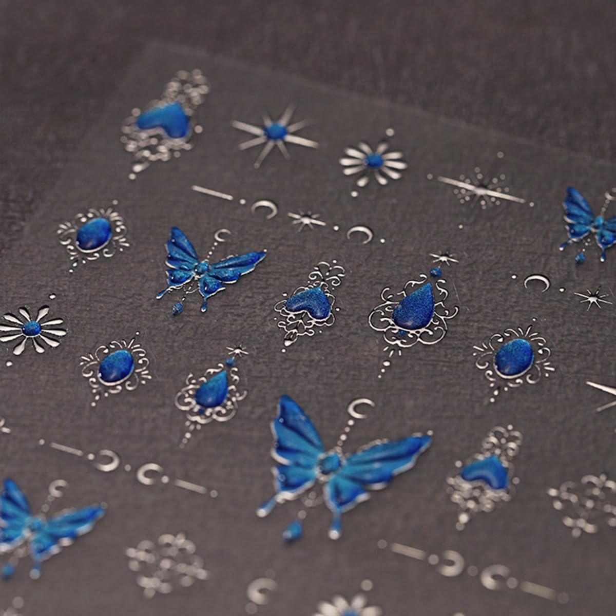 Butterfly Nail Stickers Decals 5D Embossed Blue Butterfly Heart Nail Art Stickers Silver Moon Star Nail Designs Adhesive Nail Decals Sticker Manicure for Women Girls DIY Nail Art Decorations