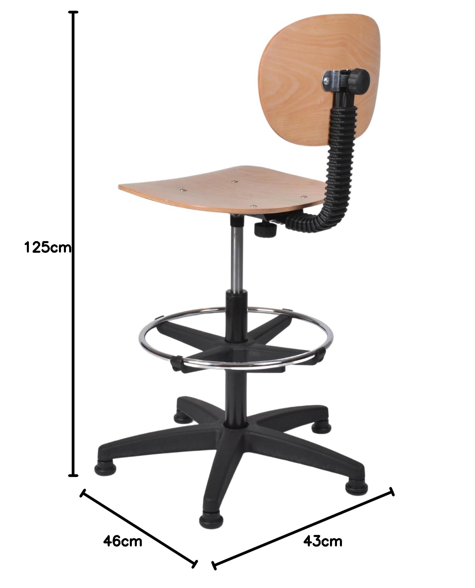 Topsit Sedia da lavoro IND114 in legno di faggio laccato chiaro, sedia da laboratorio, regolazione continua dell'altezza del sedile con Toplift, anello per piedi cromato, croce in plastica con piedini