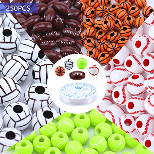 Ckysee 250 Pcs Acrylic Baseball Volleyball Tennis RugbyÂ Basketball Beads Round Sports Ball Beads Loose Beads for Necklace Bracelet DIY Jewelry Making