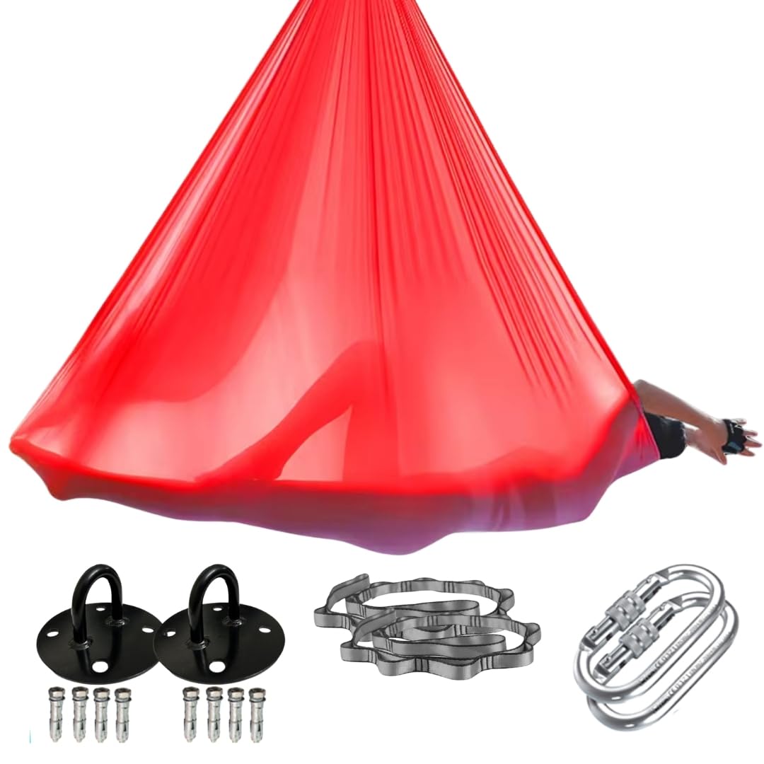 Vedam Aerial Yoga Hammock Swing | Premium Nylon Tricot Fabric for Antigravity Yoga, Aerial Fitness & Inversion Therapy | 6m Long, 1.5m Wide (Red)-image-37