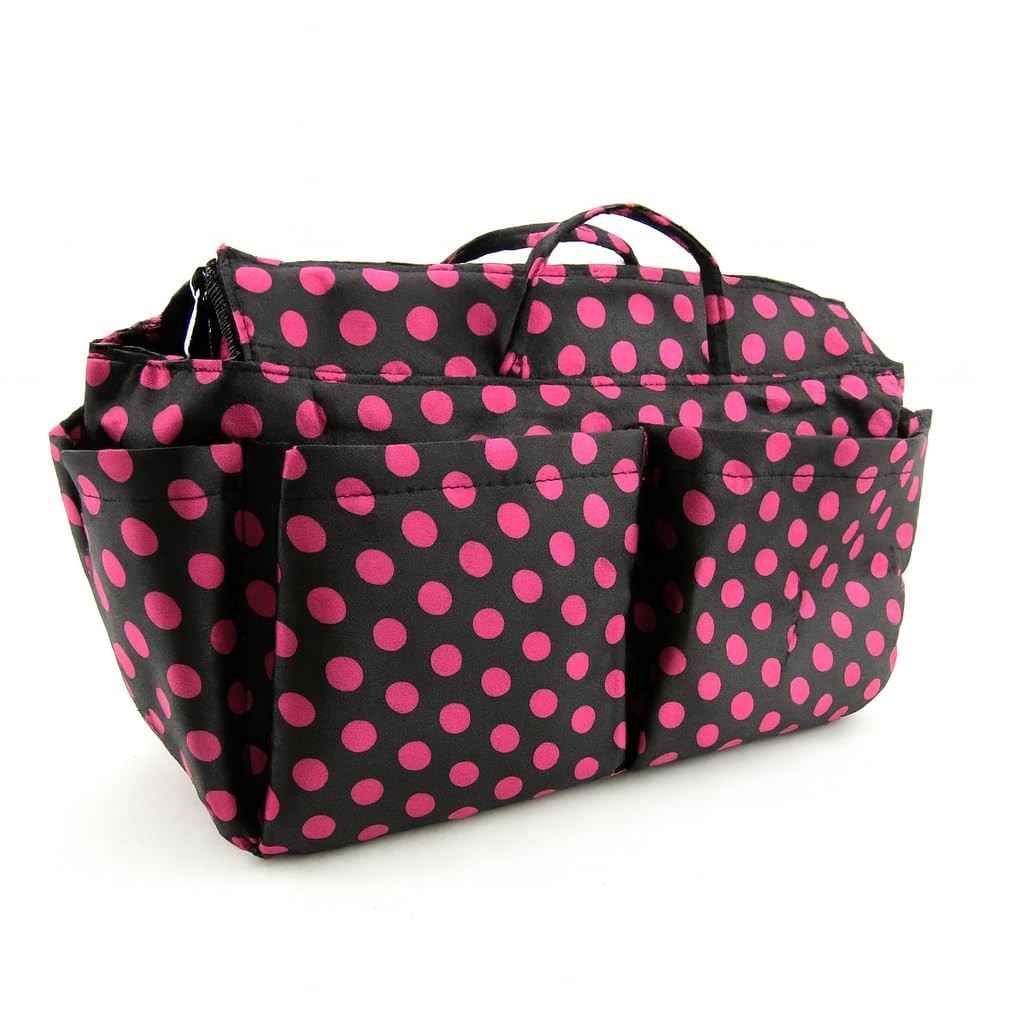Periea Black With Pink Dots 'Keriea' Handbag Organiser Insert - Tote Bag Insert With 13 Compartments For Bag Organisation - (Black With Pink Dots)