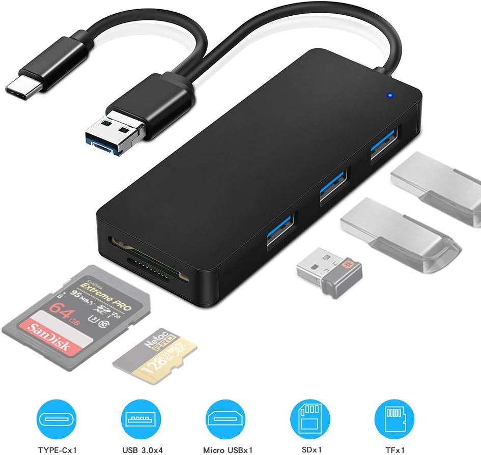Micro USB OTG to Type C Adapter, Opluz 3-Port 6 IN1 USB/USB C HUB Adapter Fast Speed 5Gbps, Card Reader Read 2 Cards Simultaneously CF/TF/SDXC/SDHC/SD/MMC/Micro SDXC/Micro SD/Micro SDHC/MS/UHS-I