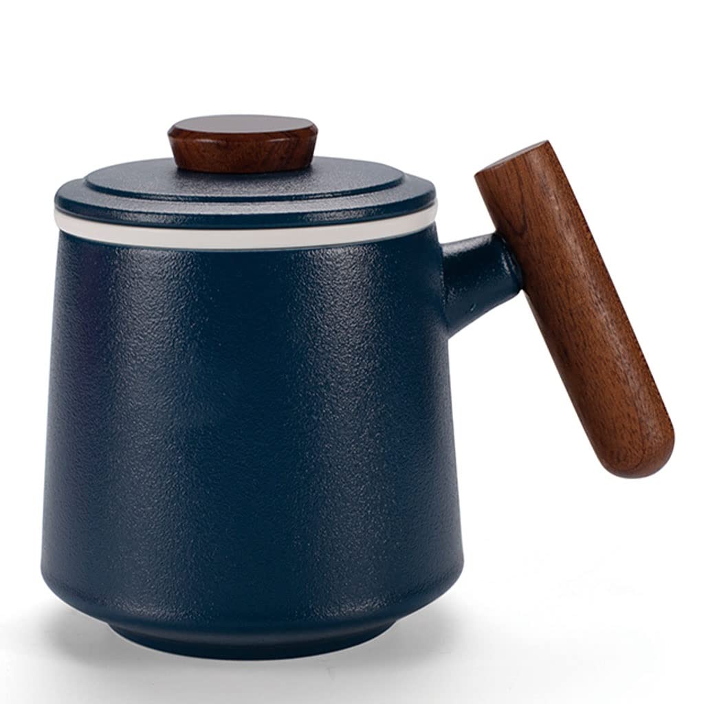 HSQMA Teebecher Mit Deckel, Keramik Teetasse Mit Deckel Porzellan Sieb Becher Aus Steinzeug Für Losen Tee Oder Teebeutel 400ml Keramik Teetasse Mit Holzgriff (Color : Blue)