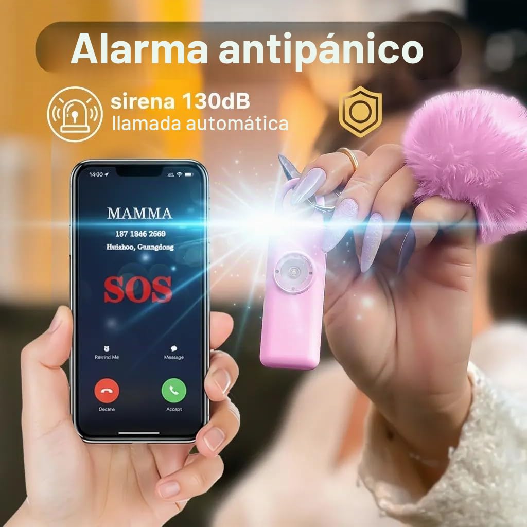 Llavero alarma antipinchazos, dispositivo antiagresión SOS llamada automática, envío instantáneo posición GPS, sirena 130 dB, defensa personal y autodefensa para mujeres, niños y ancianos (rosa)
