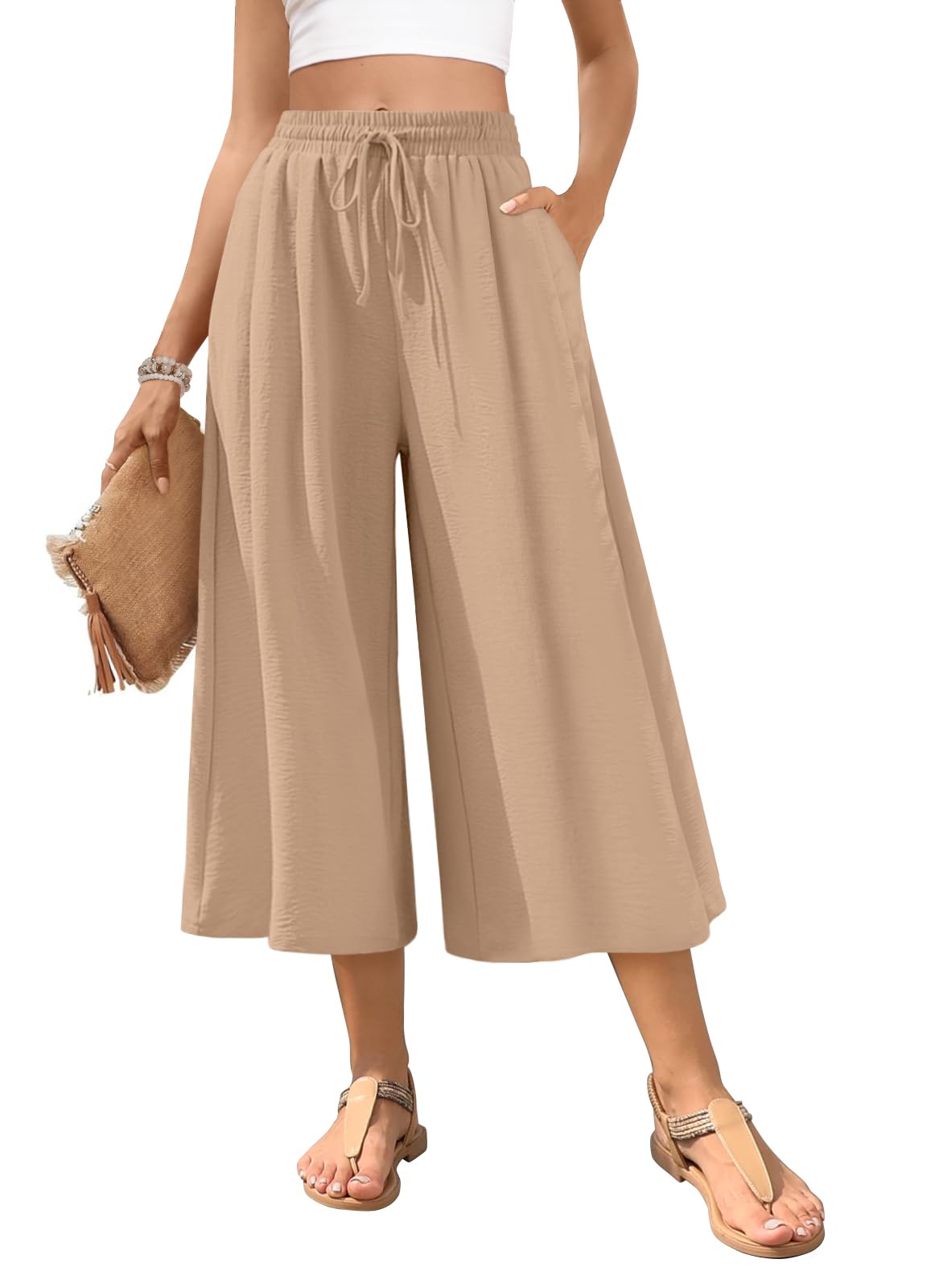 POPYOUNG Summer Palazzo Pants for Women Dressy Loose Wide Leg Capri Pants Drawstring Trousers with Pockets