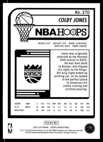 Miniatura 2 de 2023-24 Panini Hoops #270 Colby Jones NM-MT RC Rookie Sacramento Kings Basketball Trading Card