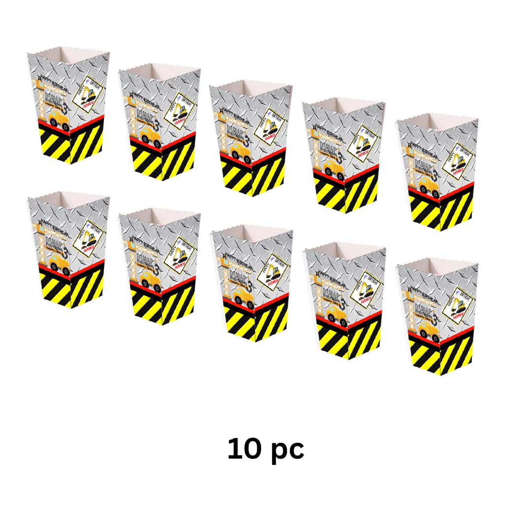 WoW Party Studio Personalized Construction Vehicles JCB Theme Popcorn Holder/Cups, Sleeves, Material - 300 GSM thick Cardstock Paper, with Birthday Boy/Girl Name Printed - 10 Pcs 1