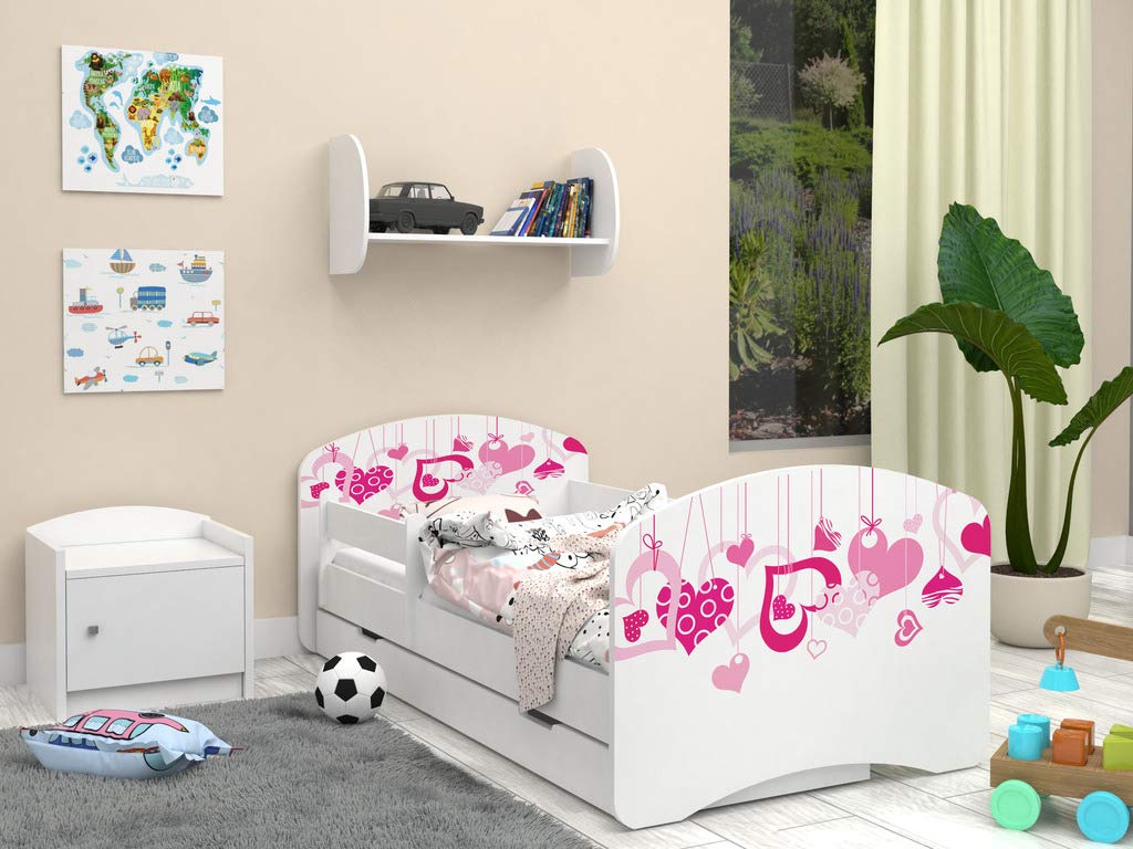 Happy Babies - Dwustronne łóżko dziecięce z szufladą Nowoczesne wzornictwo z bezpiecznymi krawędziami i zabezpieczeniem przed upadkiem materac piankowy 7 cm. (140x70, 02. spadające serca)