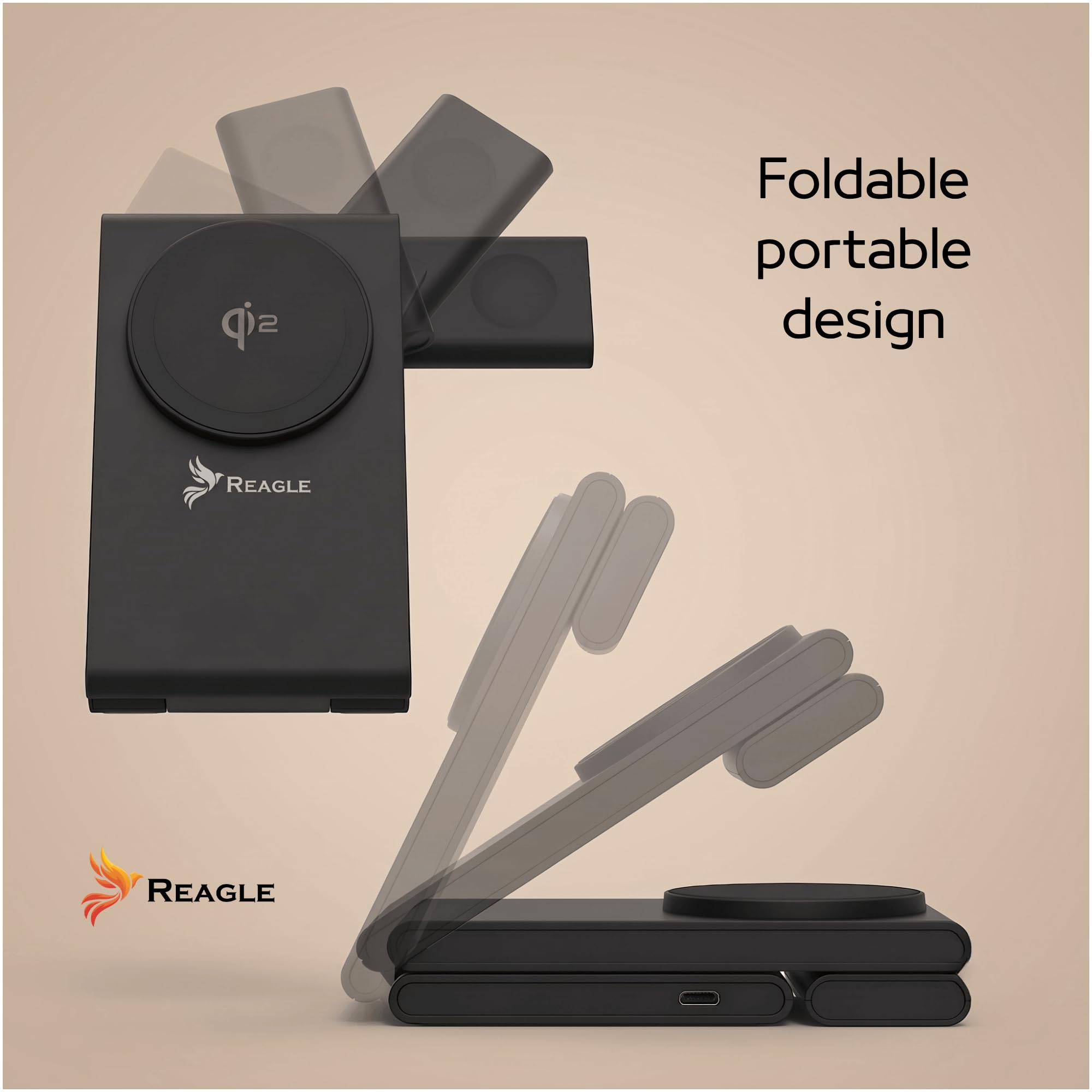 Reagle Stazione di Ricarica Wireless Qi2 3 in 1 15W, Caricatore Magnetico Pieghevole, Compatibile con iPhone 17/16/15/14/13/12, Apple Watch, AirPods, Samsung Galaxy e Pixel, Nero