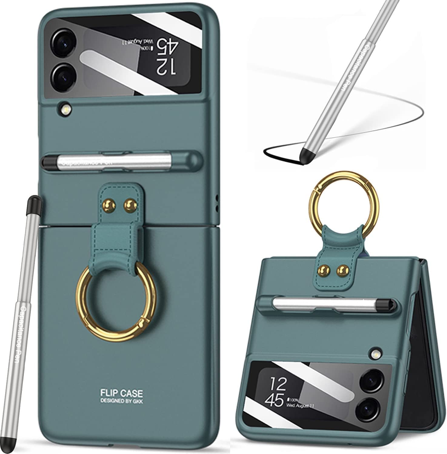 LIULANZ for Samsung Galaxy Z Flip 4 Case with Pen and Ring,Ultra Thin Matte Leather Anti-Drop Phone Cover with Camera Screen Protector for Samsung