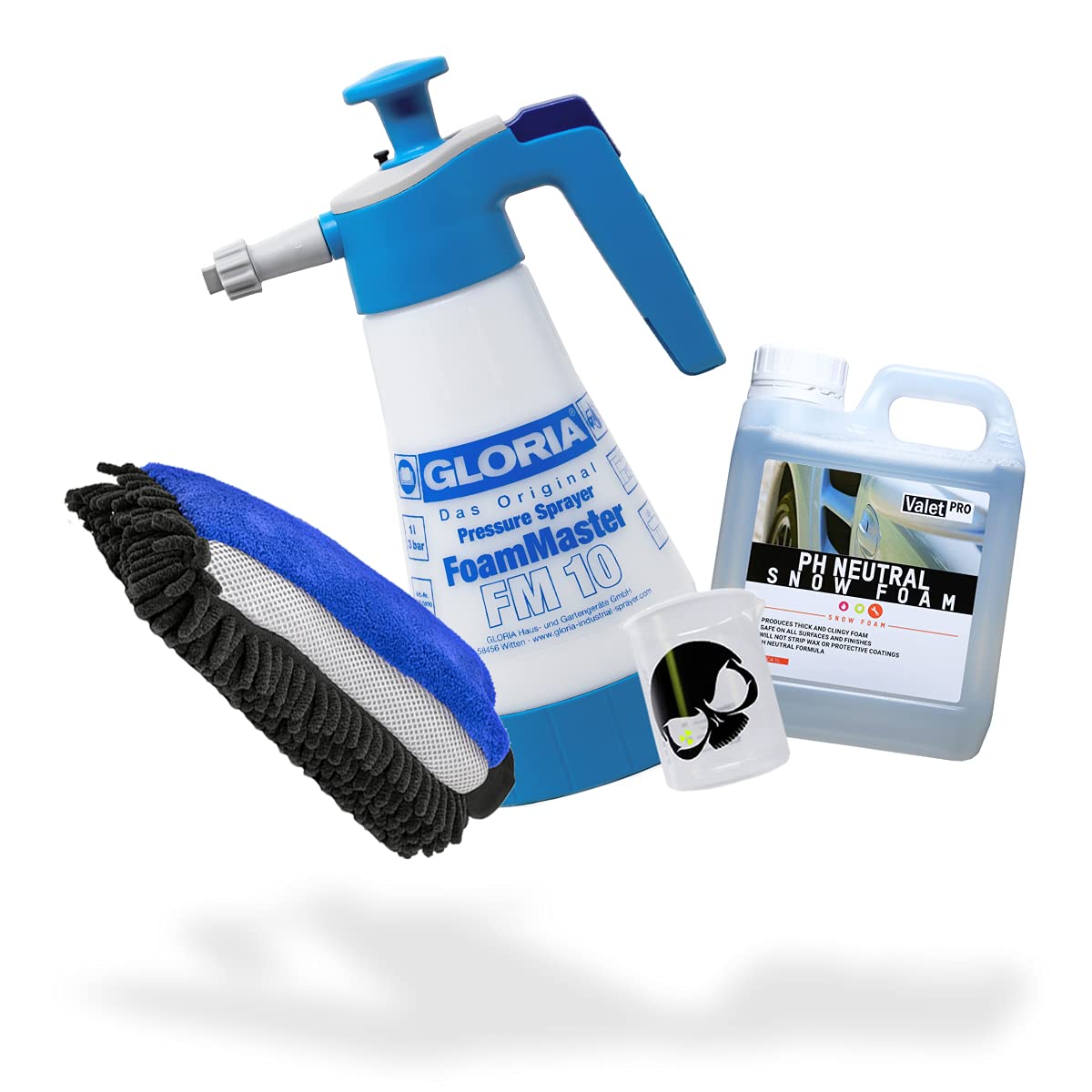 detailmate Auto Vorwäsche Set: ValetPRO pH-neutral Snow Foam 1 Liter + Gloria Foam Master FM10 Schaumsprüher 1 Liter + 3in1 Chenille Waschhandschuh + Griffin Messbecher 150 ml skaliert