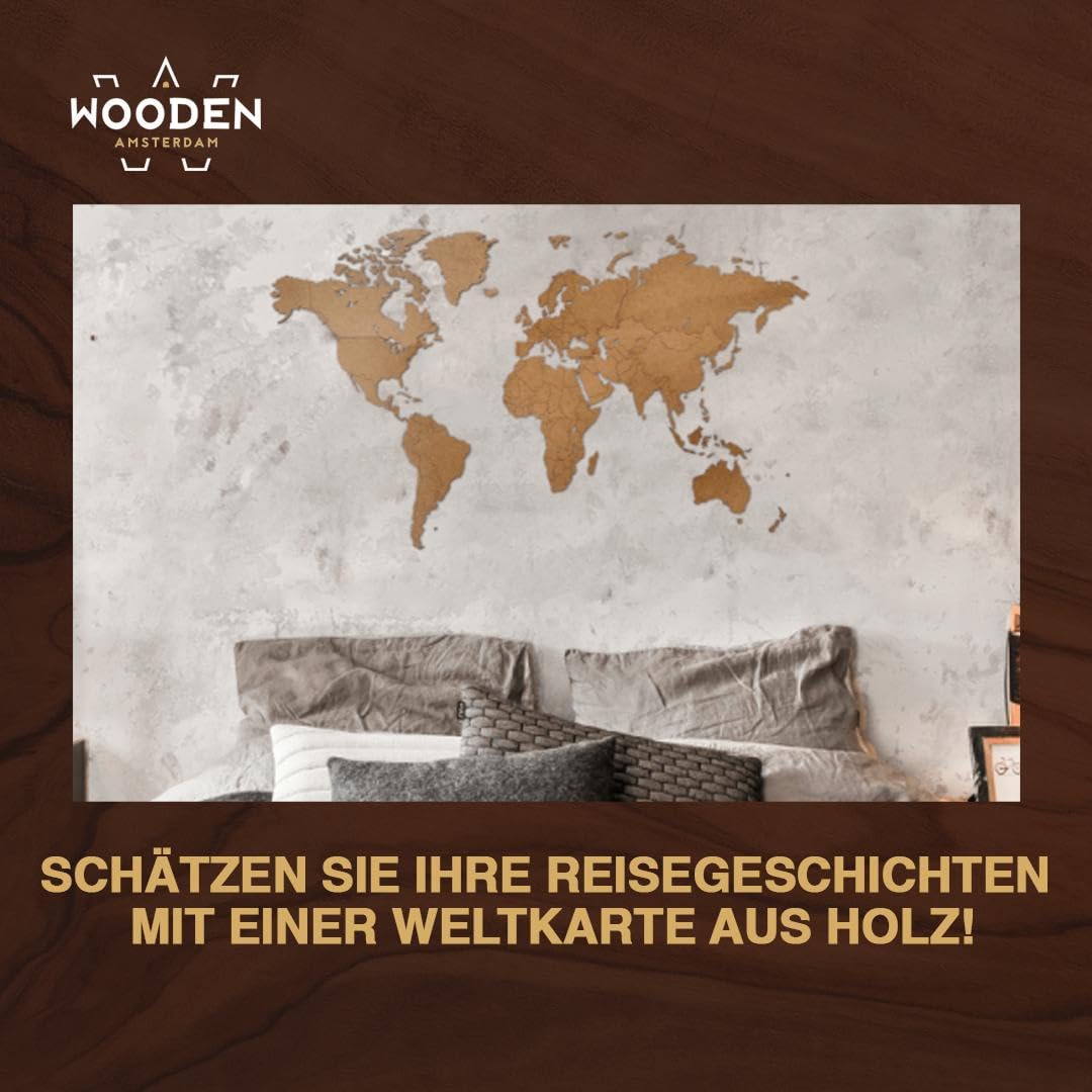 Weltkarte Holz DIY Schwarz | 180 x 108 cm Wanddeko aus FSC-zertifiziertem HDF | 48 Pins & 25 Inseln zur Personalisierung | Weltkarte zum Pinnen Geschenkidee (Braun)