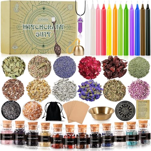 NCKIHRKK Kit de bruxaria, suprimentos de bruxaria, com kit de velas coloridas e flores secas, mini pedras naturais, para meditação, oração, presente para mulher presentes originais