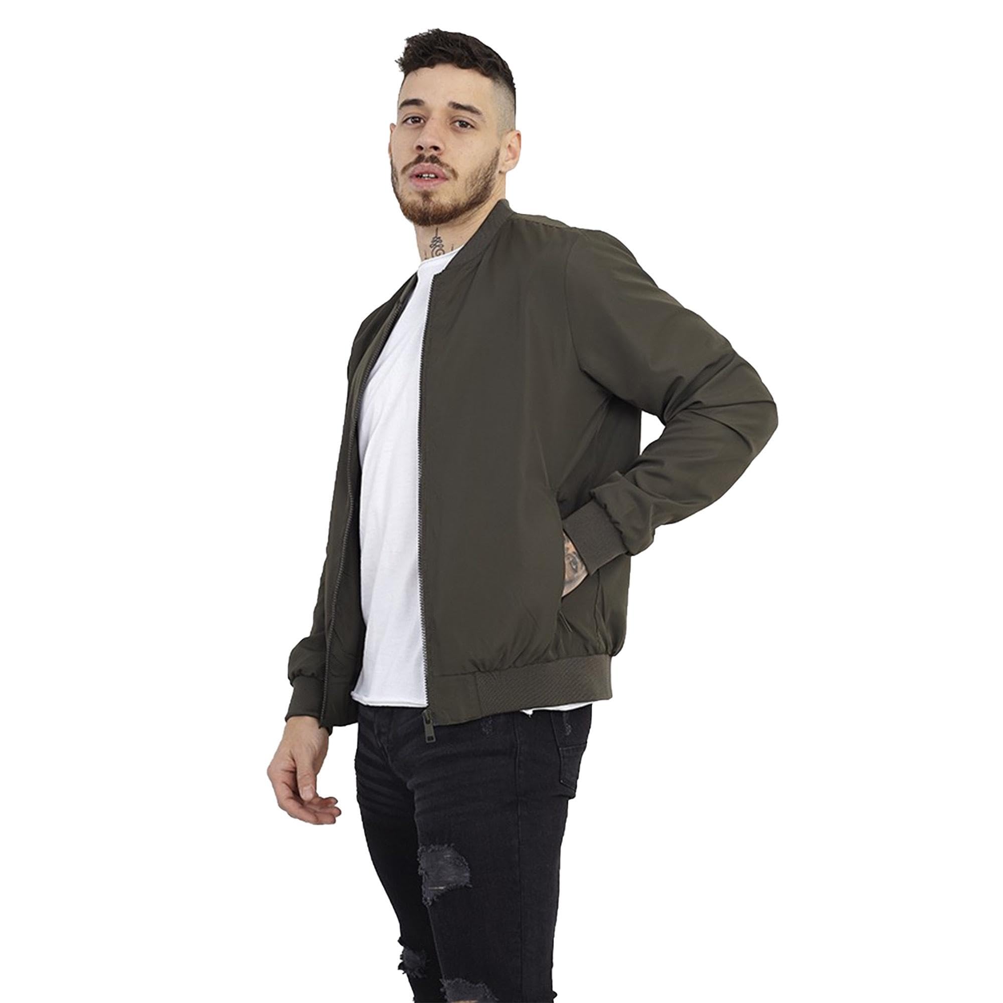 Brave Soul Men's Khaki Bomber Jacket Smart Casual Full Zip Up Long Sleeve 100% Polyester Outdoor Jacket For Colour, - Small