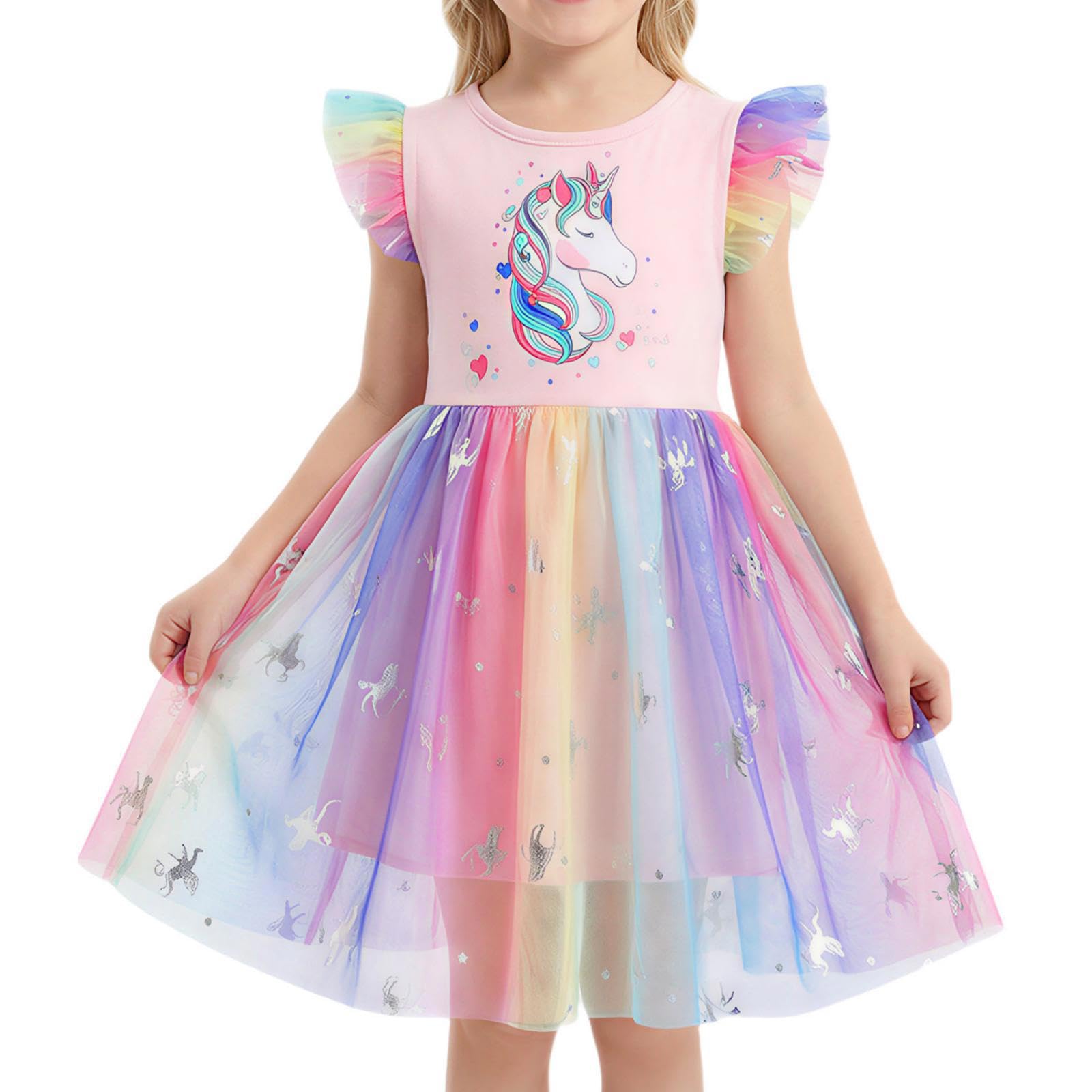 DivingBirds Vestito da ragazza con unicorno, con volant, a maniche corte, in cotone, estivo, per bambini, da 3 a 8 anni