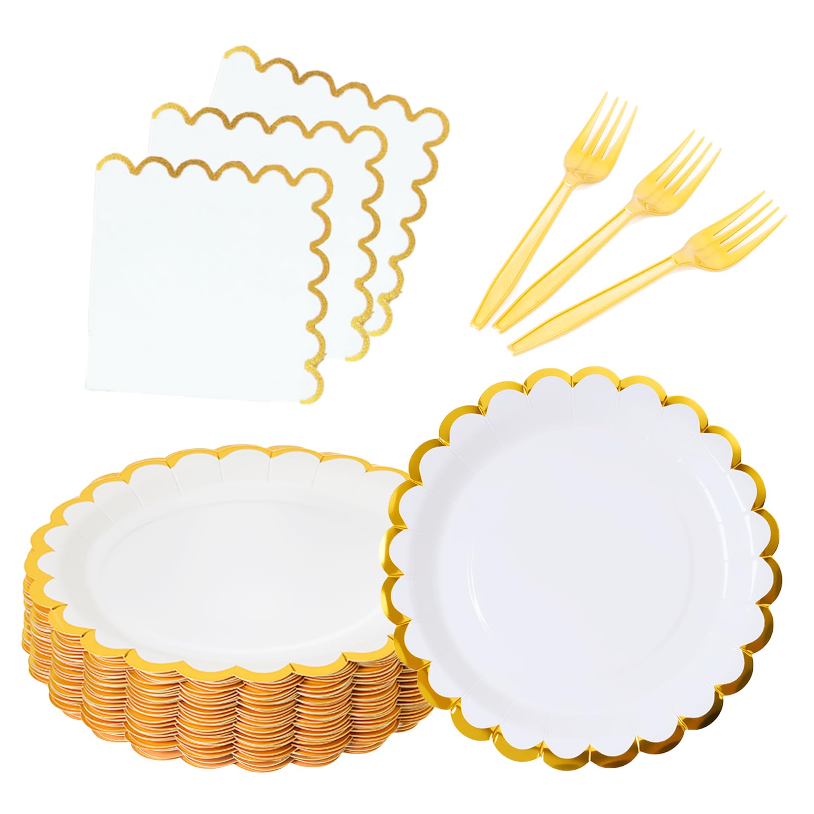 Leapig White scalloped party plates with napkins and fork gold foil border, 24 Guest disposable Tableware Set Party Decoration for Birthday Coquette