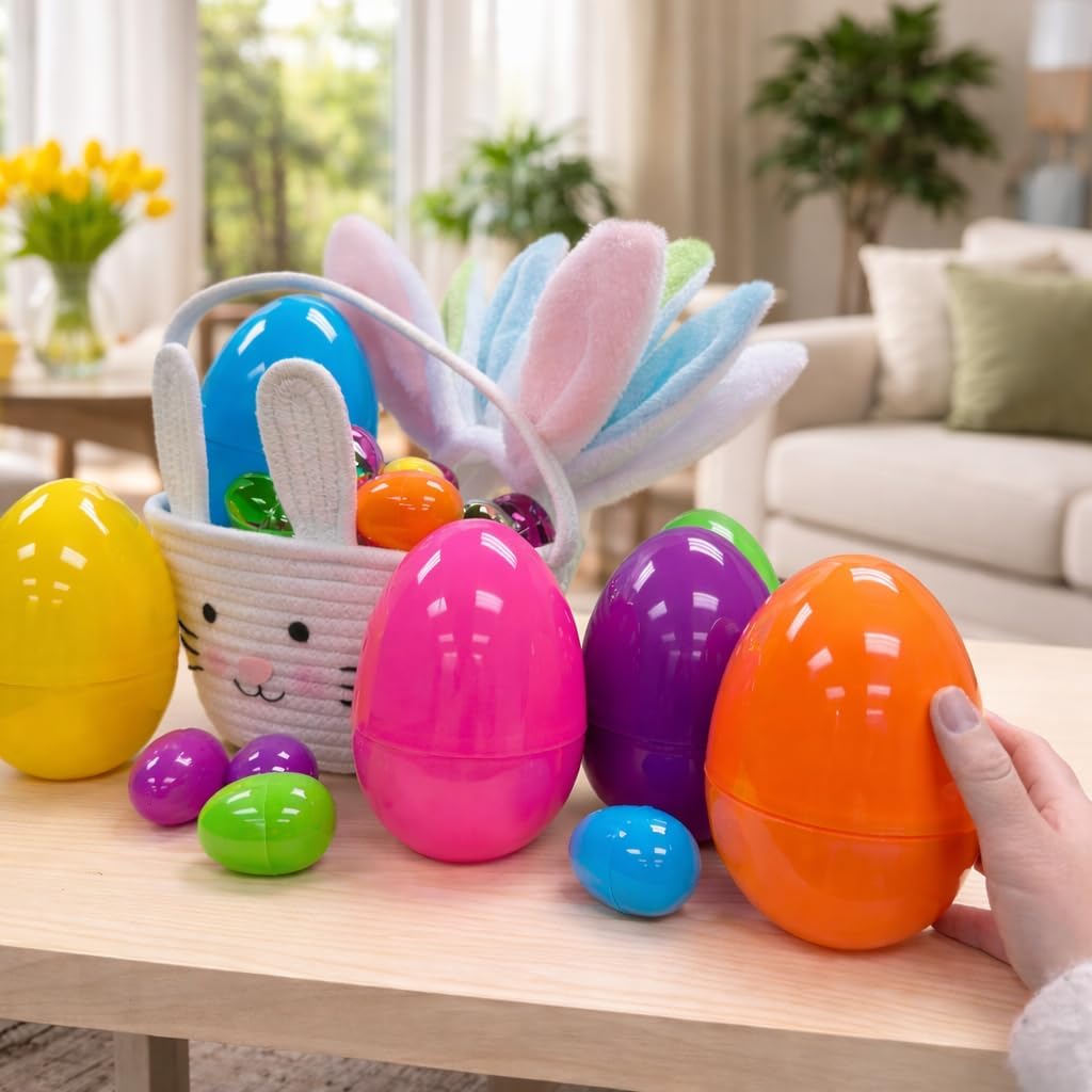GiftExpress 12-Pack Jumbo 6 inch Plastic Easter Eggs - Solid Assorted Color Fillable Eggs, Stands Upright - Kid Party Toys for Gift Baskets or Egg Hunt Décor