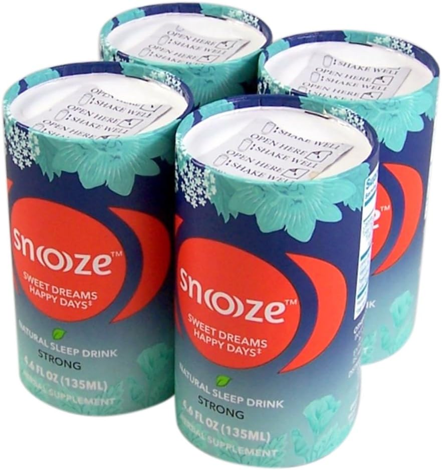 Snoooze Sleep Aid Drink, Night Time Liquid Sleeping Supplement (Strong) All Natural, Vegan, Herbal Alternative to Melatonin, Tea, Pills - Contains Valerian, Lemon Balm (4-pack 4.6oz cans)