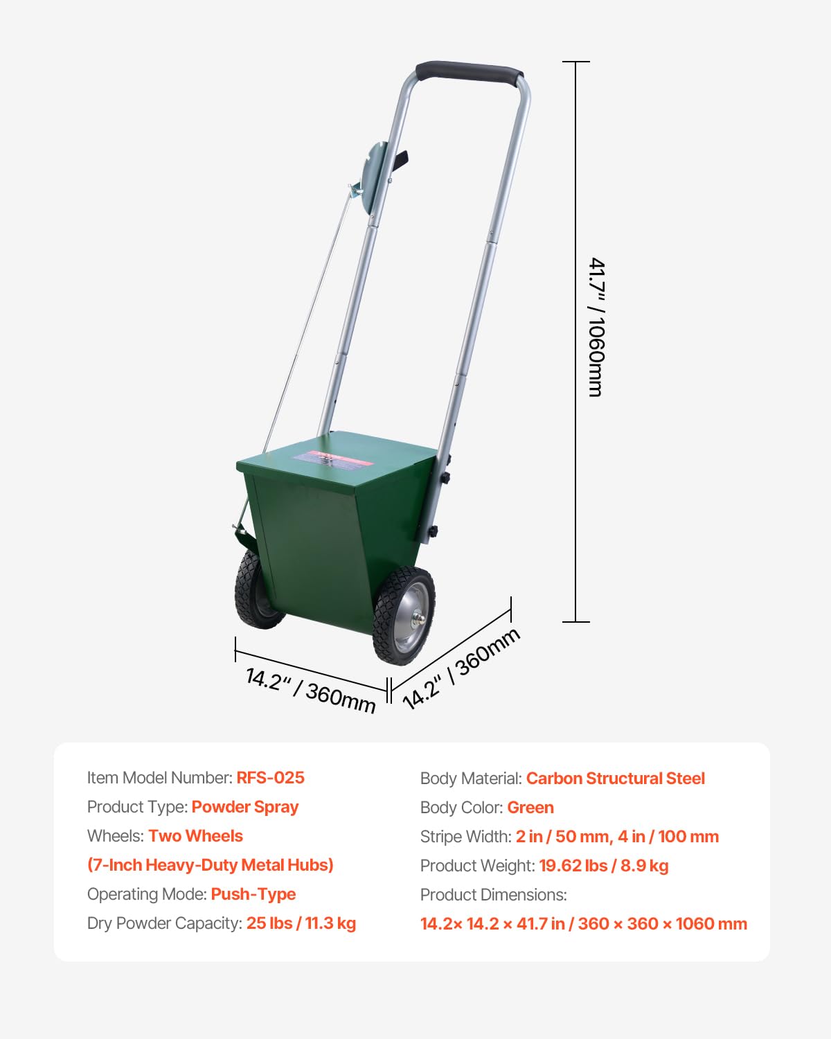 VEVOR Segnalinee a Secco per Campi da Gioco, 2 Ruote, Linee 50-100 mm, Segnalinee Regolabili, con Maniglia di Regolazione in Gomma, Capacità Polvere 11,3 kg, per Baseball Infield, Verde
