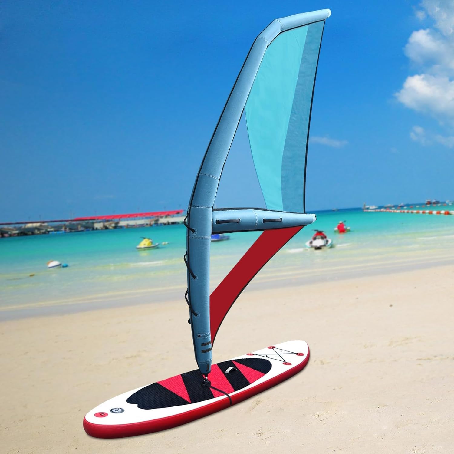Vela Gonfiabile per Paddle Board con Rotazione A 360°, Ideale per Il Windsurf, Superficie Velica di 45,21 Piedi Quadrati, Blu E Rossa, Design Resistente E Portatile per Un Facile Utilizzo.
