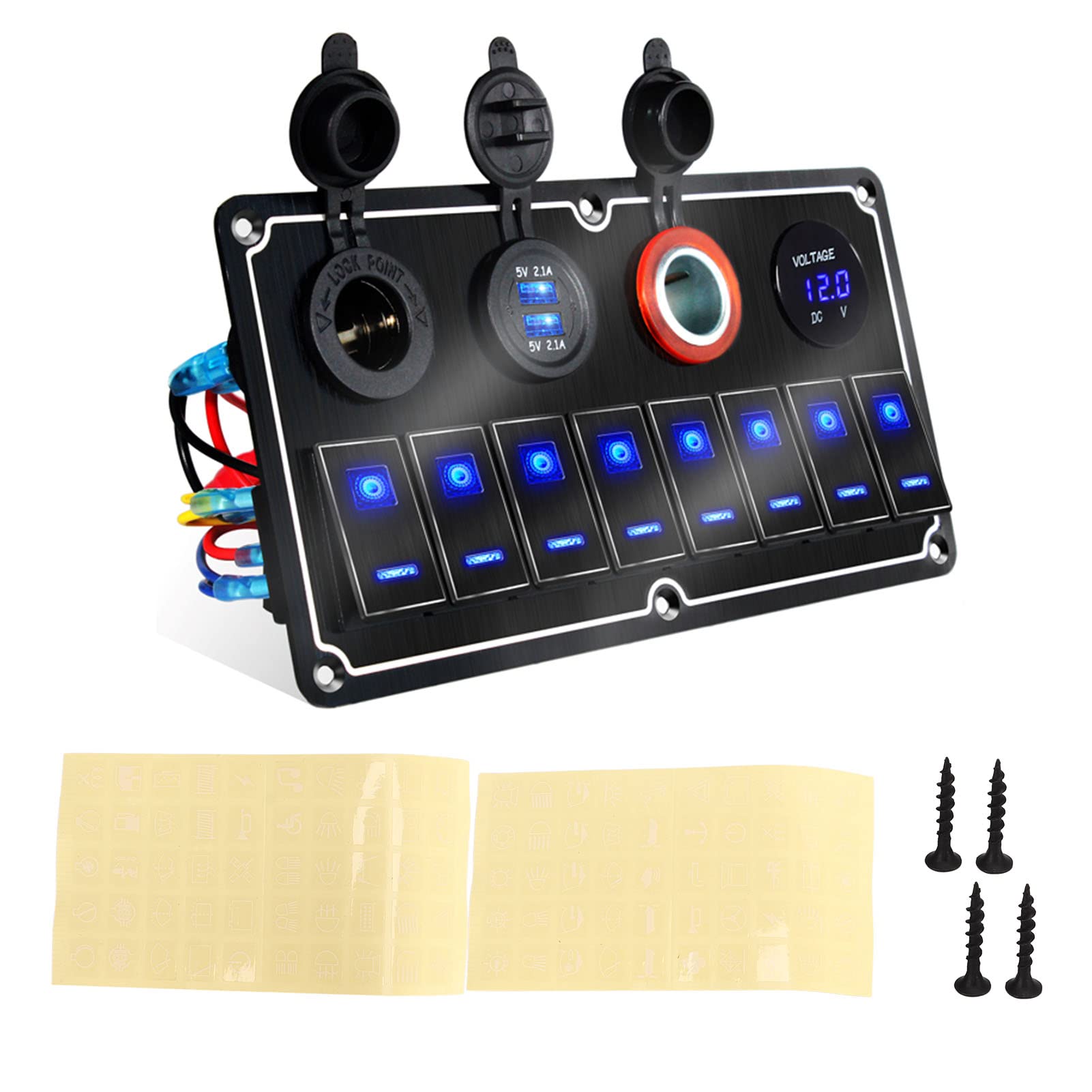 Pannello Interruttori a Bilanciere per Barche a 8 Gruppi Ottime Prestazioni di Dissipazione del Calore per LED Blu in Lega di Alluminio da 12 a 24 V per Imbarcazioni Marine