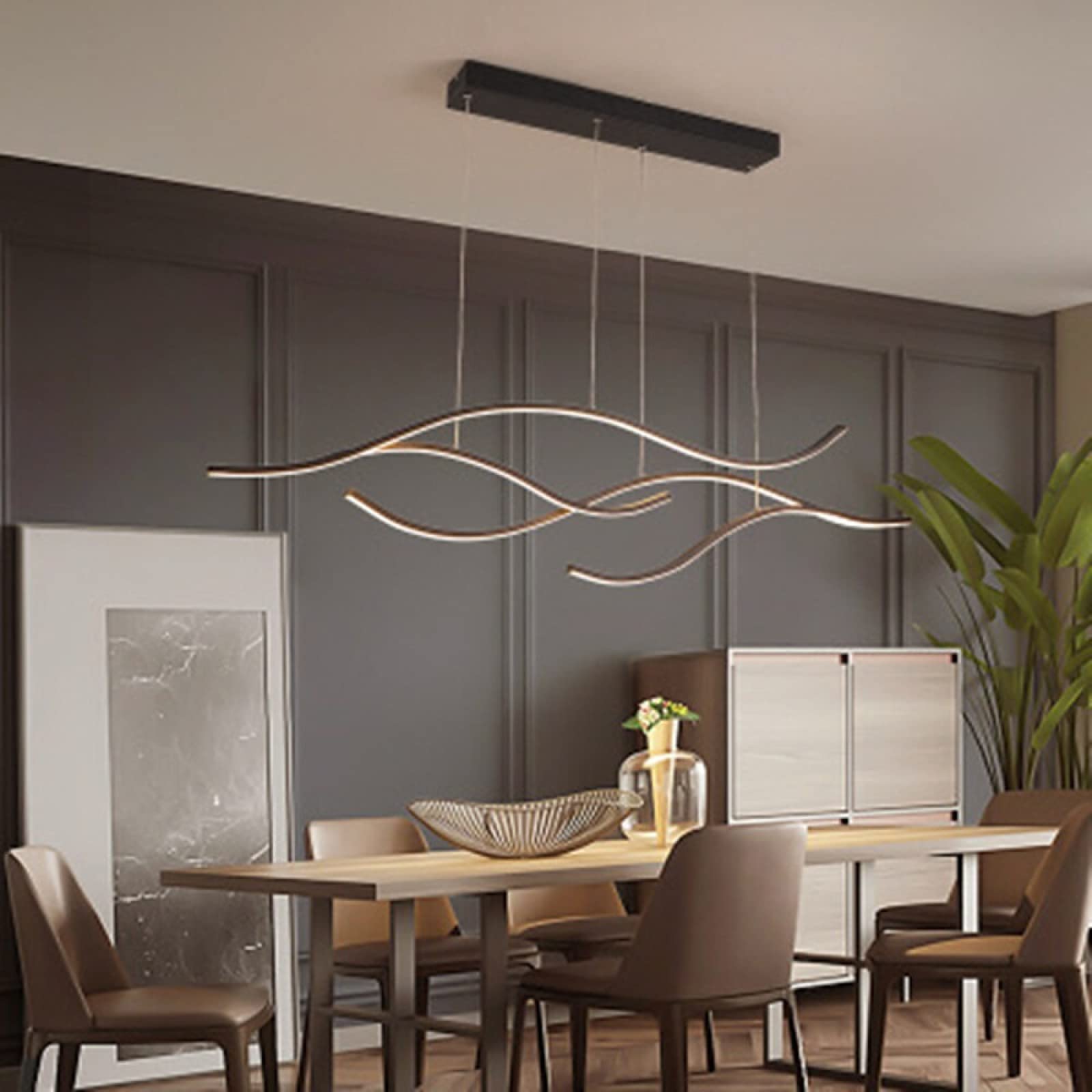 LOVTAL Wave Design LED Pendant Light, Modern Style Creative Metal Chandelier Height Adjustable Hanging Lamp For Kitchen Island, Dining Table,Black+Warm White-120cm 60W