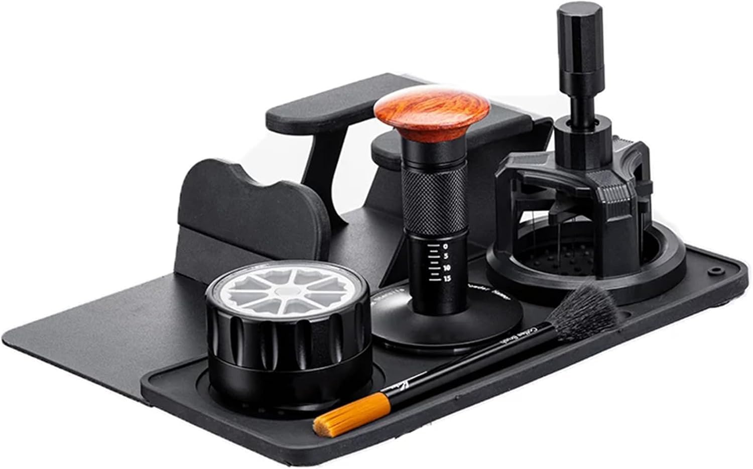 Set da caffè espresso con pressino a molla, distributore e spazzola per baristi.