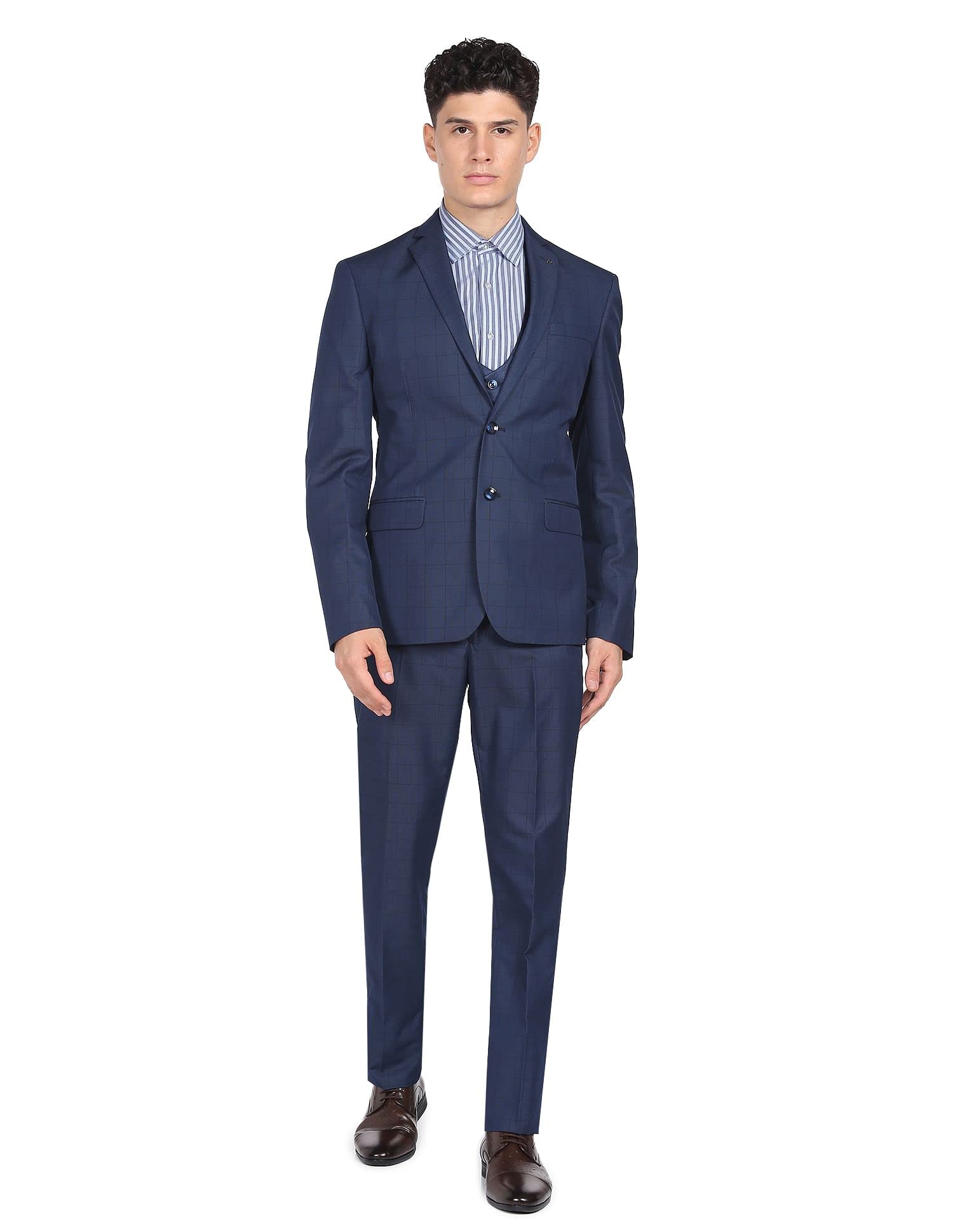 arrow Men Navy Tailored Regular Fit Windowpane Check Three Piece Suit-picture-19