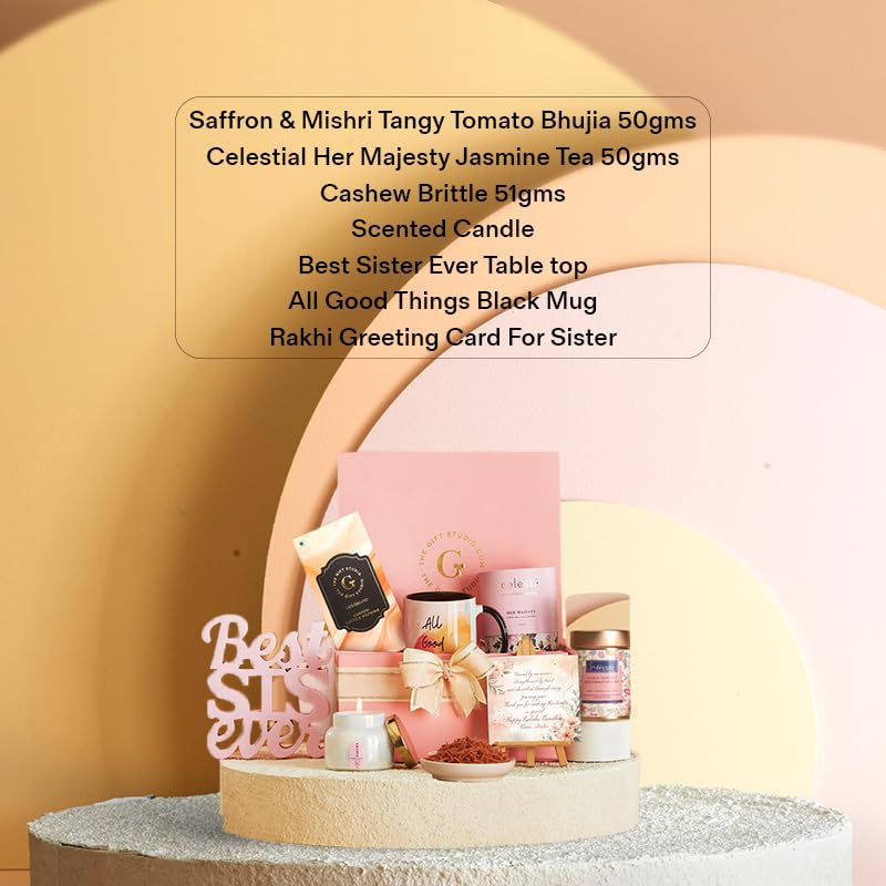 Image of THE GIFT STUDIO.COM | Tea-licious Hamper for Sister | Jasmine Tea, Black Mug, Scented Candle & Rakhi Greeting Card | Raksha Bandhan Gift