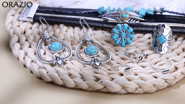 Set Gioielli Bohemian In Turchese - Collana, Orecchini, Bracciale E Anelli Stile Western - Foto 3