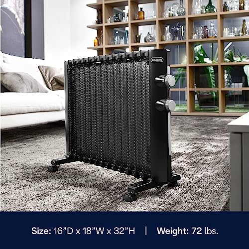 DeLonghi Mica Panel Space Heater, 1500W quiet electric space heater for indoor use, adjustable thermostat, freestanding/ easy wall mount, full room heating with built-in safety features, HMP1500 Black