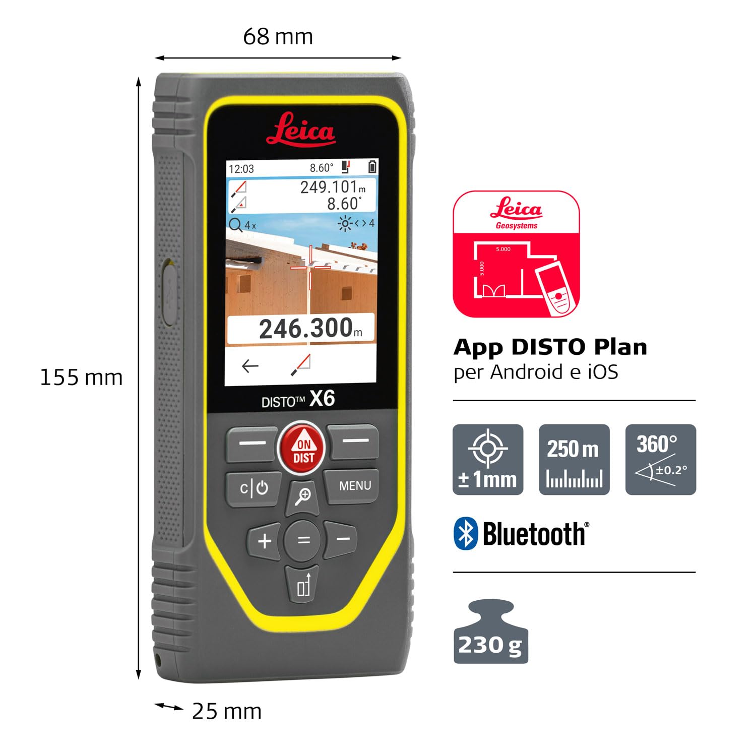 Leica DISTO X6 – metro laser robusto (classe di protezione IP65) con Bluetooth uso con app e fotocamera del mirino per misurazioni della distanza nelle condizioni più difficili (uso esterno e interno)