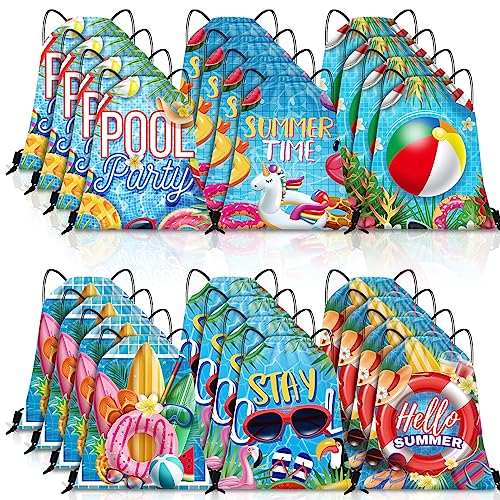 Kacctyen 24 Pcs Pool Beach Drawstring Bags Summer Drawstring Backpack Beach Ball String Birthday Bag Pool Party Decoration (Classic)