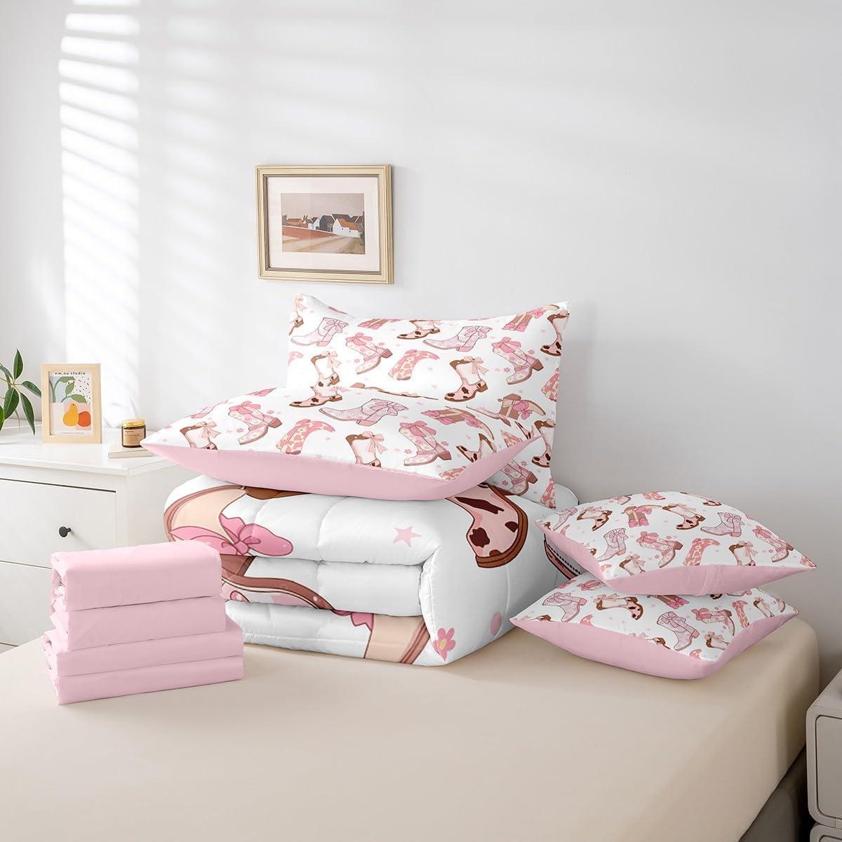 Feelyou Cowgirl Western Comforter Set with Sheets Pink Cowgirl Bowknot Bed in a Bag for Kids Boys Girls Bedroom Bed Decor Cowboy Boots Horseshoe 7 Piece Bedding Set Twin Size Wild West Soft Bed Set