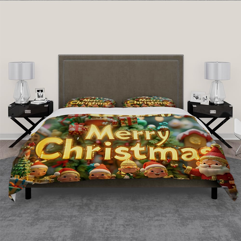Juego Funda edredón Merry Christmas Santa Claus Dibujos Animados Juego Ropa Cama Decoración habitación niño niña Funda Colcha Ligera y Transpirable con 2 Fundas Almohada 160x200cm