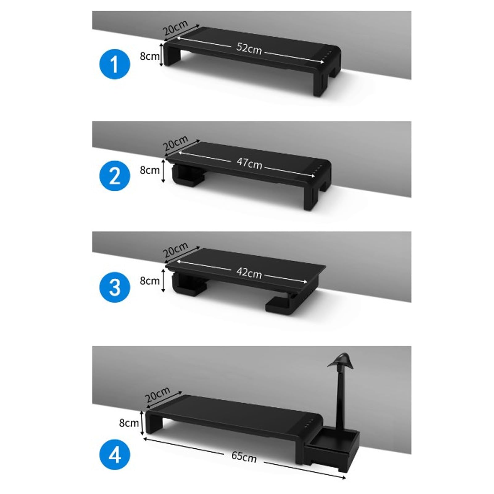 Supporto ergonomico per monitor del computer da gioco con gancio per cuffie e hub USB per l'organizzazione della scrivania 20x8x65cm