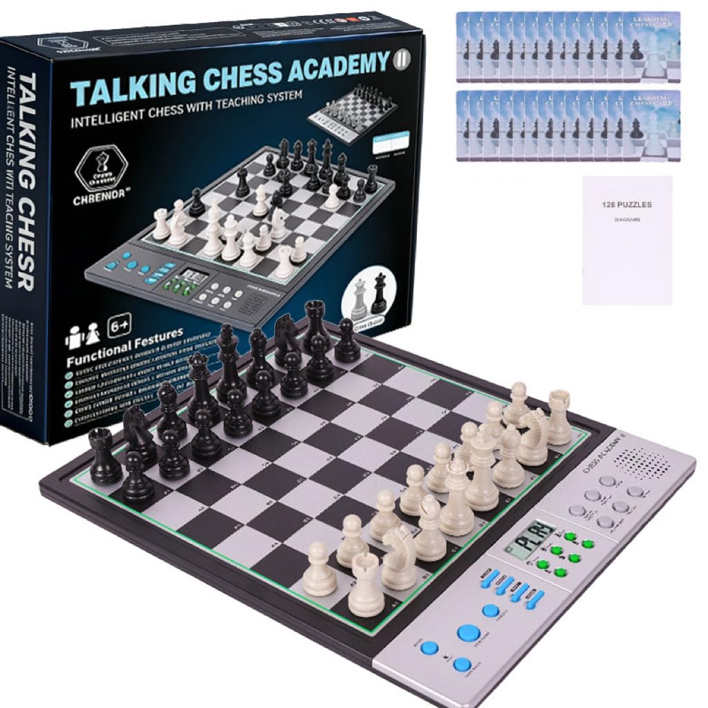 Advanced Electronic Chess Board, Smart Computer Chess Set with AI Voice Coach, ELO 2200+ for Improving Players, Magnetic Large Pieces & Board – Ideal for Adults & Kids, LCD Display (Silver,English)