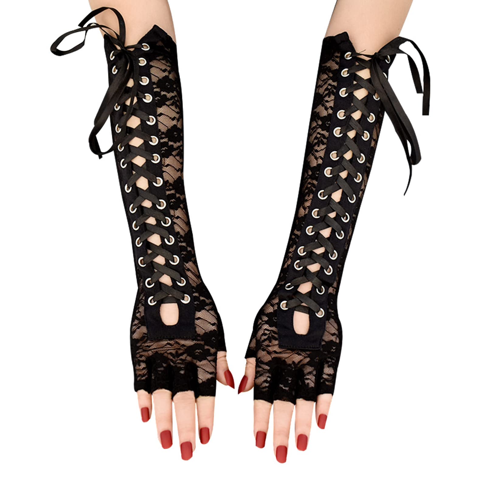 Schwarze Fingerlose Handschuhe Mit Schleifen – Lolita/Gothic-Style, 28/38 Cm Länge, Aus Dehnbarem Polyester