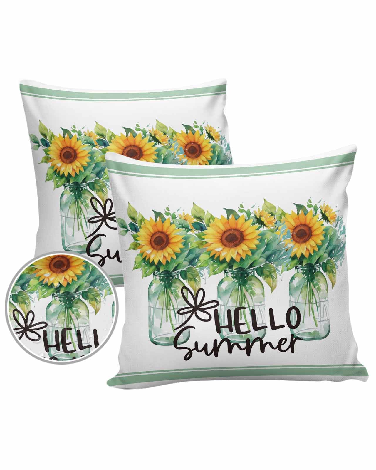 Sunflower Outdoor Pillow Cover 20x20 Inch Cushion Sham Case,Waterproof Decorative Square Throw Pillowcase for Outside Garden Patio Couch Chair Tent Bottle Flower Yellow Green Eucalyptus Leaves White