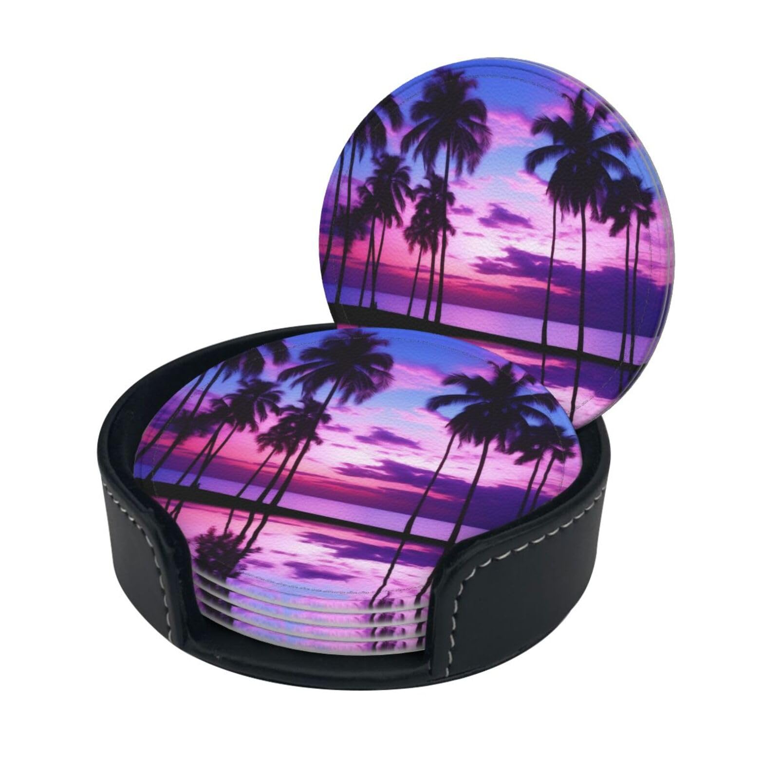 Fjqwklf Palm Tree Purple Sunset Stylish Coasters - Set Of 6 Round Leather Drink Coasters With Holder - Perfect Size For Cups And Glasses