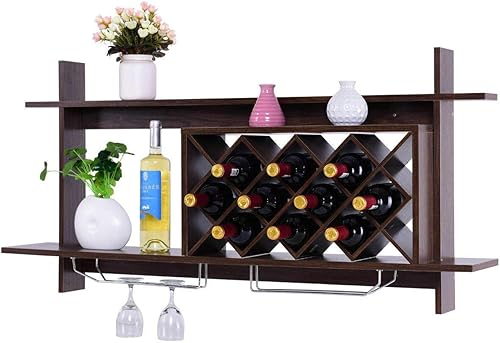AlekShop Estante de pared multifuncional de diseño moderno, soporte para vino, color marrón con soporte para vidrio y estante de almacenamiento, 10