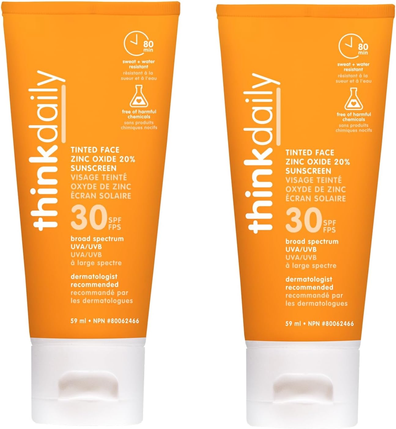 Thinkdaily Tinted Sunscreen for Face, SPF 30, 20% Zinc Oxide, 2 Oz, Safe, Natural, Water Resistant Reef Safe Sunscreen, All Skin Tones, Vegan Broad Spectrum Sun Screen for Sun Protection (59 ml (Pack of 2))