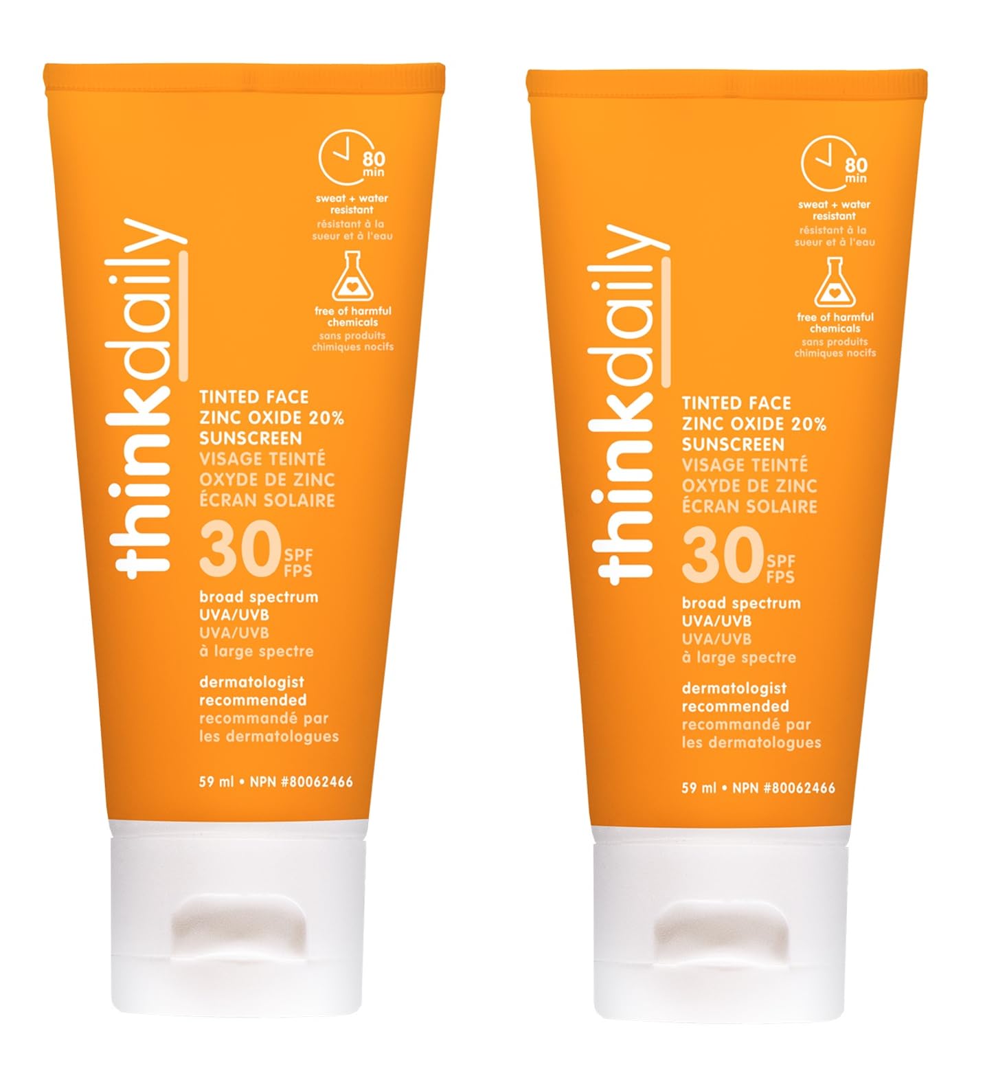 Thinkdaily Tinted Sunscreen for Face, SPF 30, 20% Zinc Oxide, 2 Oz