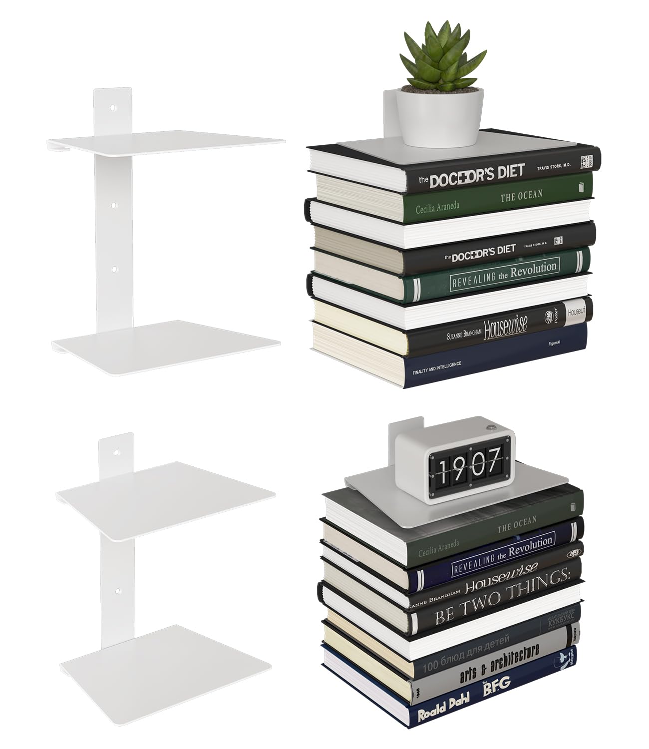 Floating Book Shelves for Wall, 4 Tier Invisible Bookshelves Heavy Duty Metal Loads 60LBS, Vertical Spine Book Tower Hanging Bookshelves, Shelves for Room Wall Mounted, 2 Pack White