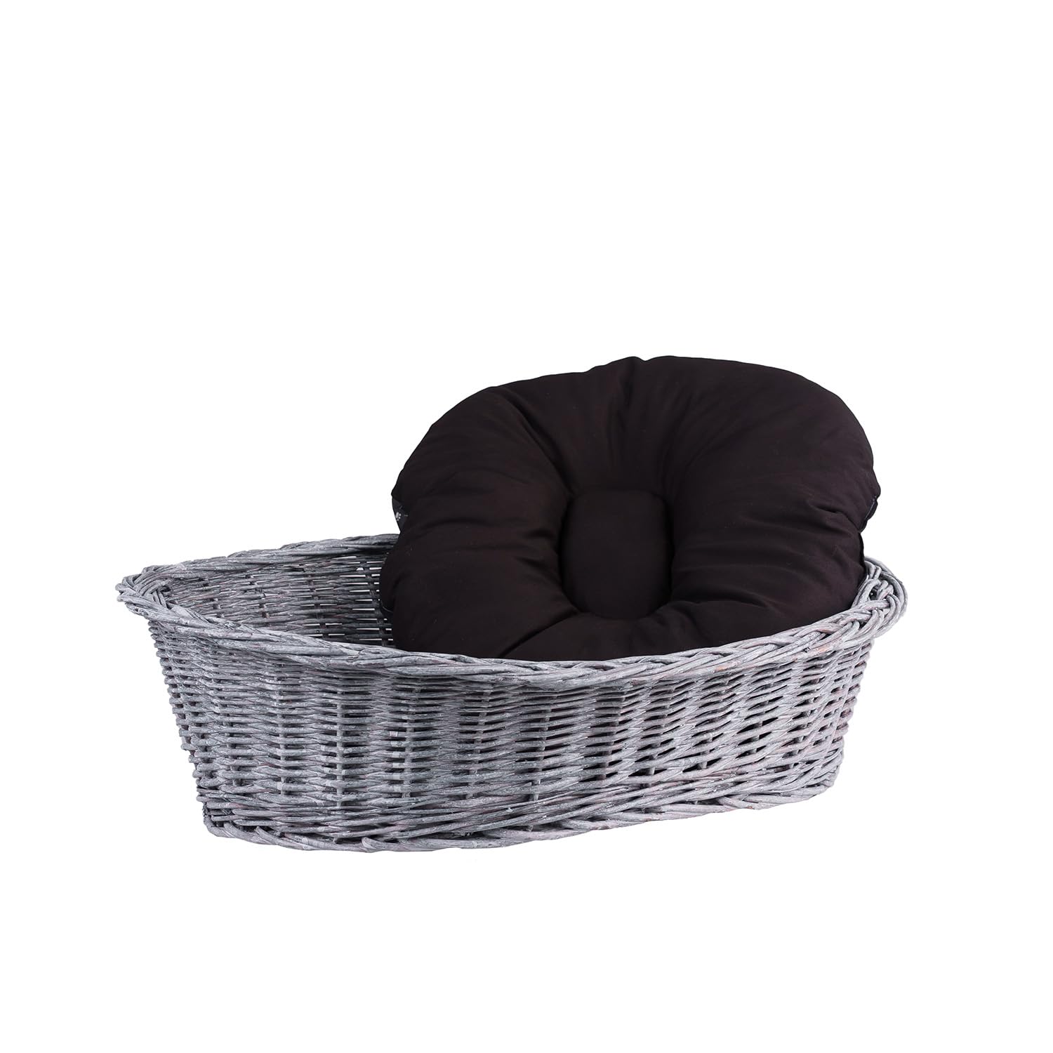 Cesta para perros de mimbre para perros y gatos, cama para perros y gatos, cama con cojín, cesta para animales trenzada, cesta para gatos (gris_negro, 80 x 60 cm, altura 26)