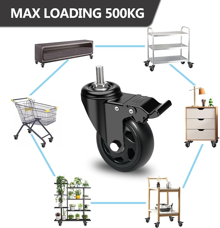 RRIUTO Bútor Görgő Fékes 100mm M10x30 500kg Teherbírás 4db Forgó Görgő